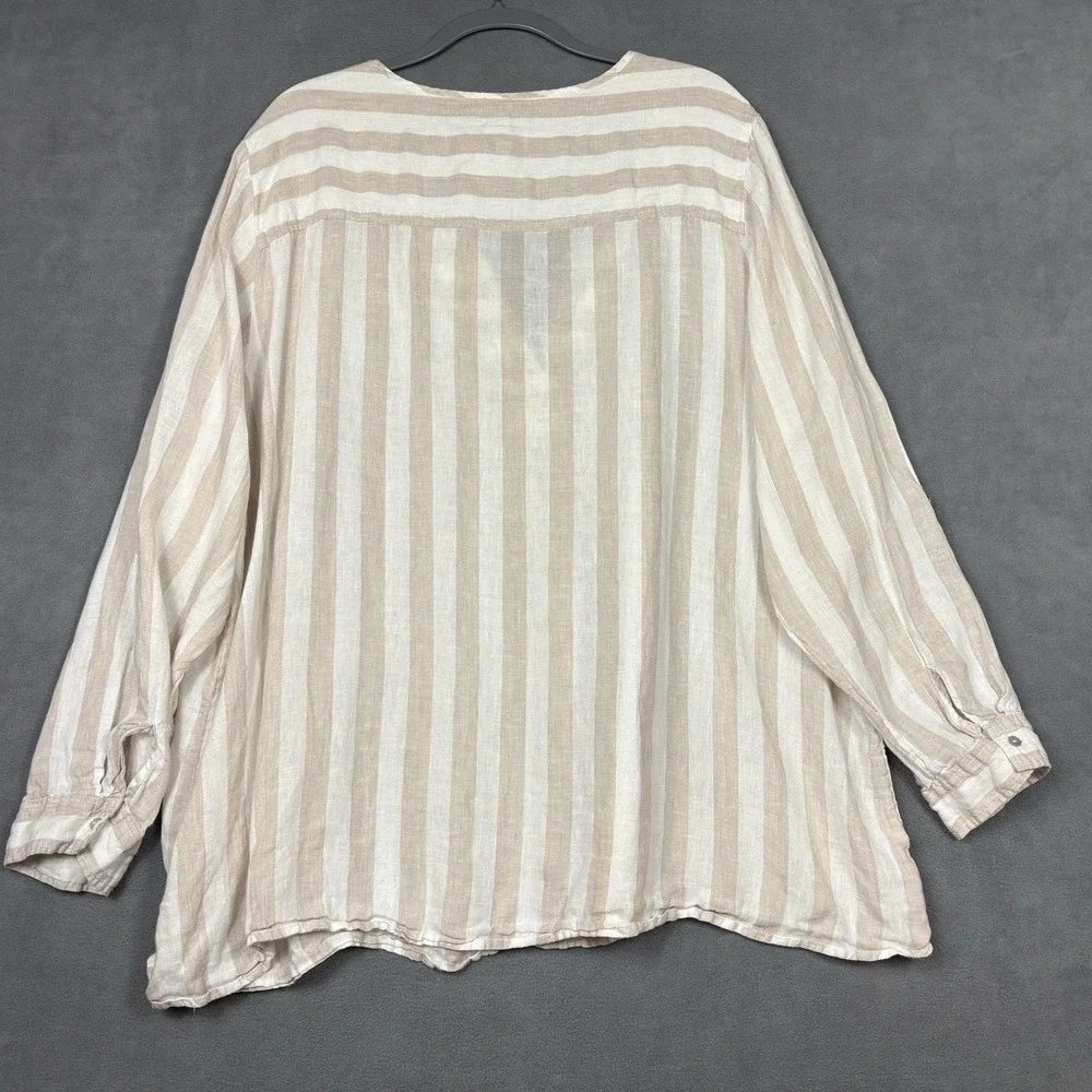 Antibes Blanc 100% Linen Tunic Top Size 3X Beige White Stripe Roll Tab Sleeve